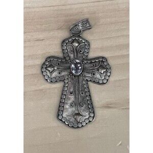 Vintage 925 Sterling Silver and Amethyst Oval Stone Scrolled Cross Pendant 7.6g